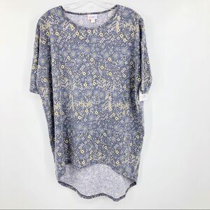 LuLaRoe Womens Irma Tunic Tee Shirt Blue & Yellow Printed High Low Oversized XXS
